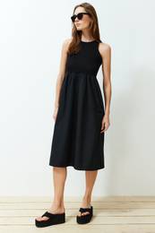 Black Waist Open Fabric Mixed Midi Woven Dress