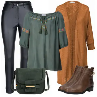 80er Outfit mit Braun/Dunkelbraun/Beige Klassischer Stiefel/Cowboystiefel/Gefütterte Stiefelette/Vintage Stiefel/Rahmengenähter Schuh/Leder Stiefelette/Lederjacke/Vintage Stiefelette/Reitstiefel/Chelsea Boot About You "HS Tunika mit Stickerei"Look: Uni, Western, Country Styl, Cowgirl, Schön, Duckfeet, 80er