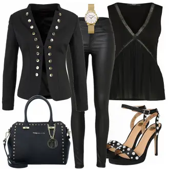 Party Outfits mit Schwarz/Weiß Lederjacke/Lederimitathose/Lederlegging/Leggings Lederoptik/Lederhose/Skinny Hose/Treggings/Biker Jeans/Thermojeans Vila "AtNight"