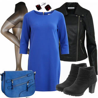 Outfit mit Schwarz/Dunkelgrün Mantel/Bikerjacke/KunstLederjacke/Lederjacke/Motorradjacke Noisy may "Koenigsblau"