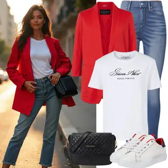 Glamoureus Outfit met rood Lederen jas/Oversized Blazer/Leren Herenjas/Boyfriend Blazer/Korte Blazer/Leren Jas/Blazerjas/Katoenen Blazer Aaiko "Modieuze lente-outfit"Look: Werkkleding, Elegant, Glamoureus, Smart Casual, Preppy, Chique, Klassiek, Extra groot