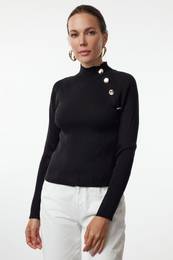 Black Button Detailed Thin Knit Sweater