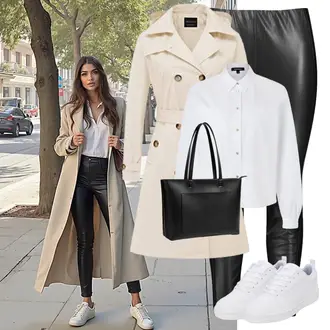 Outfit mit Schwarz/Weiß Hose Lack Legging/LederHose/LederimitatHose/Leggings Lederoptik/Lederlegging SAMOON "Look für den Winter"