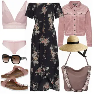 Outfit mit Blau/Dunkelblau/Rosa/Braun Vintage Kleid/Kleid Standesamt-gast/Bedrucktes Kleid/Maxikleid/Langes Sommerkleid Lascana "Leichtes Outfit"