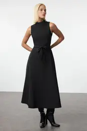 Black Belted Waist Opening Stand Collar Midi Woven Dress