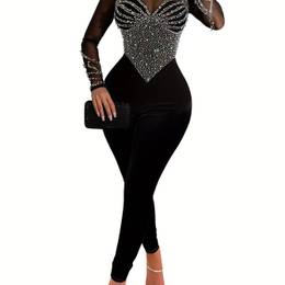 Rhinestone Illusion Neck Jumpsuit, Elegant Long Sleeve Tight Jumpsuit For Party & Club, Women's Clothing