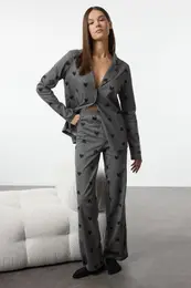 Gray 100% Cotton Heart Patterned Knitted Pajama Set