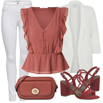 Button Down Outfit mit Braun/Rot/Orange Bluse und Tunika/Bluse Große Größe/Blusenbody/Bluse Oberteil/Crash­bluse/Schößchen­bluse/Verspielte Bluse/Volantbluse/Kurzarmbluse/Ärmellose Bluse About You "Schöner Sommer Look"