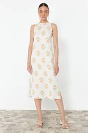 Ecru Ethnic Patterned Straight Cut Midi Woven Dress
