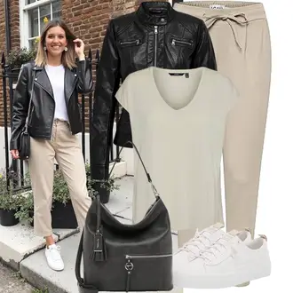Classic Outfit mit Schwarz Motorradjacke/Bikerjacke/Lederjacke/KunstLederjacke Only "Schönes Freizeit Outfit"Look: GoGo, Edel, Classic, Goa, Lack, Rockige, Techno, Büro, Workwear, Punk