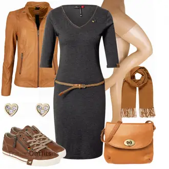 Outfit mit Gelb/Braun/Beige Mantel/KunstLederjacke/Jacke mit Seitlichem Reißverschluss/Leder Bomberjacke/Lederjacke/Vintage Lederjacke Maze "Schickes Herbst Outfit"
