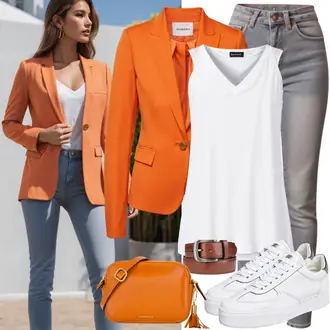 Smart Casual Outfits Sommer mit Grau/Hellgrau Jeans Elara, Rot/Orange Macbook Tasche/Handytasche/Schultertasche/Schulranzen/Kleine Tasche/Umhängetasche Coccinelle, Orange Mantel/Bluse Große Größe/Lederjacke/Lederjacke für Männer/Boyfriend Blazer/Kurzblazer/Sweatblazer/Baumwoll ­Blazer/Lässiger Blazer/Blazerjacke/Strick­blazer/Eleganter Blazer/Lederjacke Ichi, Weiß/Creme Sneaker Low/Schmaler Sneaker/Plateau-Sneaker/Leder Sneaker/Canvas-Sneaker Paul Green, Top olsen "Baüro Outfit"
