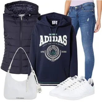 Winter Outfits mit Blau/Hellblau/Creme/Dunkelblau/Weiß Sneaker Low/Leder Sneaker/Schmaler Sneaker/Vintage Sneaker Adidas Originals "Winterlicher Look"