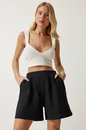 Happiness stanbul Women's Black Pocket Linen Shorts