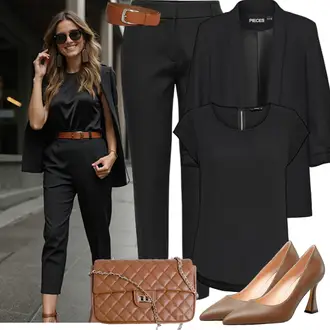 Elegant Outfit mit Schwarz Einfarbige Bluse/Bluse/Lederjacke/Tuniken-Shirt/Lederjacke/Bluse Oberteil/SchlupfBluse/Kurzarm-Tunika/KurzarmBluse Only "Eleganter Look"Look: Büro, Elegant, Moderne, Coole, Nahtlos, Old Money, Schlichte