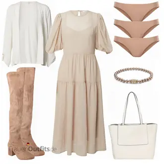 Outfit mit Braun/Beige Overknee Stiefel/Flache Overknee Stiefel/Kniehoher Stiefel/Leder Overknee Stiefel/Langer Stiefel About You "Beige Freizeitoutfit"