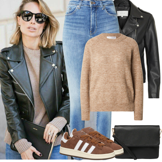 Streetwear Outfit mit Dunkelbraun/Braun Leder Sneaker/Sneaker Low/Schmaler Sneaker/Sommer Sneaker/Vintage Sneaker Adidas Originals "Frühling outfit"Look: Casual, Sportlich, Streetwear, Rap