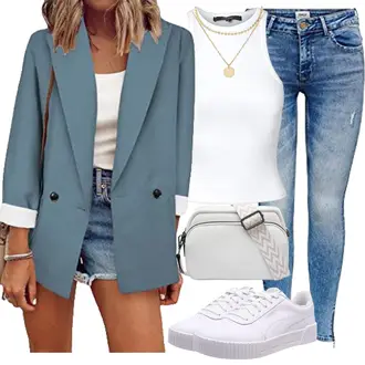 Coole Outfit mit Türkis/Hellblau/Blau Jeans-Blazer OMZIN "Modisches Frühlingsoutfit"Look: Stil, Leger, Lagenlook, Moderne, Workwear, Casual, Smart Casual, Preppy, Coole, Büro, Business, Uni, Maritim