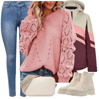 Retro Ski Outfit mit Rosa/Lila/Rot Nachhaltige Jacke/Skitourenjacke/Skijacke/Snowboardjacke Ziener "Perfekt für den Winter"Look: Boyfriend, Indoor, Empire, Sportlich, Retro, Color Blocking, Lagenlook, Unisex, Streetwear, Outdoor, Rad, Ski, Berg­steigen, Skitouren