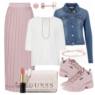 Elegant Outfit mit Lila/Rosa Short Große Größe/Kleid Große Größe/Strick Große/Hose Große Größe/Crinkle Rock/Italienischer Rock/Maxirock/Midirock/Moderne Rock/Plisseerock/Hochzeitsgast Rock About You "ABOUT YOU Bluse Emmi wei"Look: A-linie, Uni, Classic, 60er, Coole, Elegant, Schön, Old Money, Romantisch