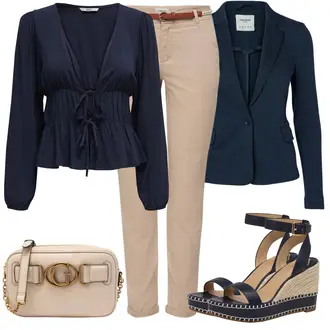 Outfit s Tmavě modrá Zavinování Halenka/Neobvyklá Halenka/Halenkový Top/Halenkové Body/Zavazovací Halenka/Carmen Blůza/Halenka s Mašlí Only "Outfit na léto"
