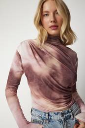 Happiness stanbul Women's Powder Draped High Collar Sandy Blouse