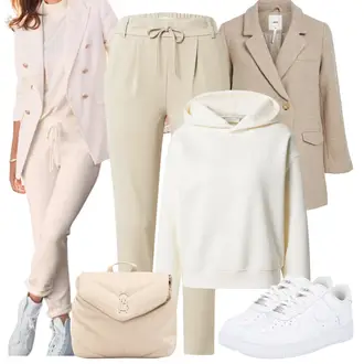 Outfit mit Creme/Beige/Khaki/Weiß Sweatmode/Ausgefallener Hoodie/Women's Fleece Sweatshirts/Hoodie/Strick Hoodie/Oversize Hoodie/Lederjacke/Sport Hoodie/Sport Sweatshirt/Vintage Hoodie Leger by Lena Gercke "Cooles Alltagsoutfit"