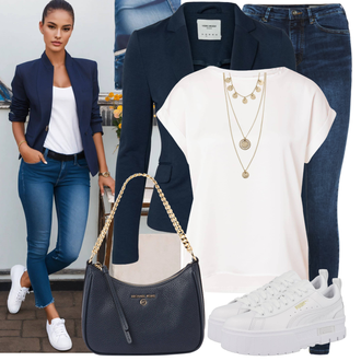 Outfit mit DunkelBlau/HellBlau/Blau Lederjacke/Blazerjacke/Blusenblazer/Boyfriend Blazer/Lässiger Blazer/Baumwoll ­Blazer/Eleganter Blazer/Strick­blazer/Kurzblazer/Sweatblazer/Lederjacke für Männer/Lederjacke VERO MODA "Frühlings Outfit"