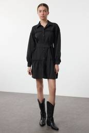 Black Belted Plain Lace Detailed Mini Belted Lace Detailed Mini Woven Dress