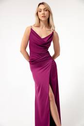 Women's Plum Gemstone Straps Pile Collar Satin Evening Dress.