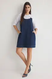 Dark Blue Oversized Mini Denim Dress with Straps