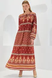 Women's Brick Beige Patterned Long Viscose Dress 1947