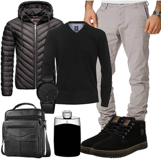 Outfit mit Schwarz/Grau/Dunkelgrau Sommerdaunenjacke/Jacke mit Seitlichem Reißverschluss/Isolationsjacke/Puffer Jacke/Federjacke/Steppjacke/Winterjacke/Kunstfaserjacke/Kapuzenjacke/Thermojacke/Daunenjacke Navahoo "Freizeit Outfit"