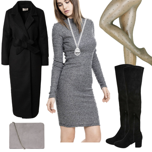 Grau/Hellgrau/Dunkelgrau Kaschmir-Strickjacke/Lange Strickjacken/Rundhals-Strickjacke/Stehkragen-Strickjacke/Winter Strickjacke/Wolle Strickjacke/Wickelstrickjacke/Hochgeschlossenes Kleid/Langes Strickkleid/Langärmliges Kleid/Langärmliges Winterkleid/Pulloverkleid/Rollkragenkleid/Winter Strickkleid Urban Classics kombinieren mit Schwarz Overknee Stiefel/Flache Overknee Stiefel/Kniehoher Stiefel/Leder Overknee Stiefel/Langer Stiefel About You