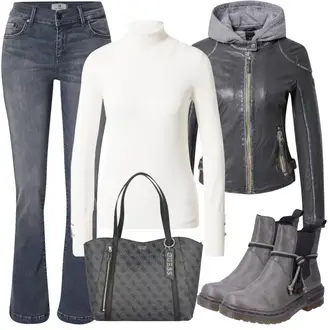 Winter Outfit mit Grau/Hellgrau/Blau/Hellblau/Dunkelblau T-Shirt/Low Waist Jean/Low Rise Jean/Schlaghose Jeans/Straight Leg Jean/Jeans mit Schlitz/Winterjacke LTB "Herbstlicher Look"