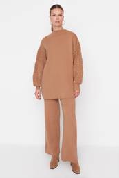 Beige Sleeves With Openwork Braided Sweater-Pants Knitwear Suit