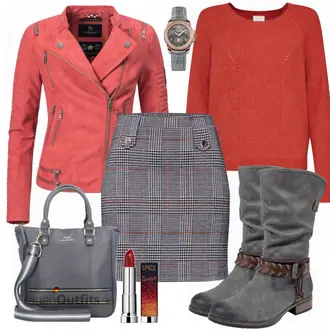 Outfit mit Grau/Dunkelgrau/Dunkelblau/Blau/Lila Short Große Größe/Strick Große/70er Minirock/Boucle Rock/Hahnentritt Rock/Minirock/Karierter Rock/Tweed Rock About You "RIEKER Stiefel braun"