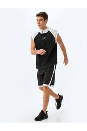 Sports T-Shirt Oversize Hooded Sleeveless Slogan Printed Color Contrast