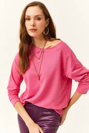 Women's Fuchsia Crew Neck Printed Soft Textured Thin Sweatshirt
