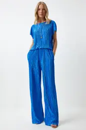Happiness stanbul Women's Blue Pleated Casual Blouse Trousers Set