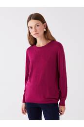 Crew Neck Self-Patterned Long Sleeve Women's Knitwear Sweater -