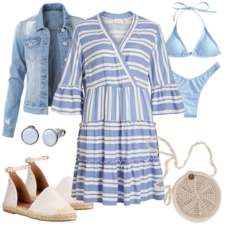 Stripes Outfit mit Grau Nicki Kleid/Lässiges Kleid/Strandkleid/Gesmoktes Kleid/Sommerkleid/Tunika Kleid Vila "Modischer Sommer Look"