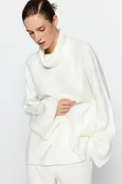 Ecru Soft Texture Turtleneck Wide Pattern Knitwear Sweater