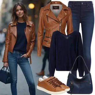 Outfit sa Tamnoplava/Plava Kožna Jakna/High Waist Traperice/Push-up Traperice/Termo Traperice/Zimska jakna/Kožne Cipele "Lijepa proljetna odjeća"