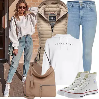 Herbst Outfits Coole mit Weiß/Hellblau Kapuzenpullover Tommy Jeans "Perfekt für die Freizeit"Look: 90er, Casual, Classic, Coole, Streetwear, Unisex, Schön, Zuhause, Sportlich, Uni, Festlich, Hip Hop