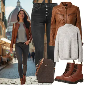 outfit mit Oranžna/Rjava Klasični škorenj/Gležnar na Vezalke/Bojni Škorenj/Vintage škorenj/Vintage Gležnjar Dr. Martens, Oranžna/Rjava Plašč/Jakna Maze "Pomladna oprava"