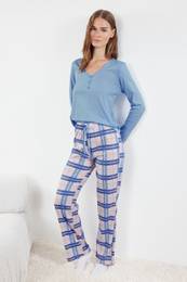 Blue 100% Cotton Plaid Tie and Button Detailed Knitted Pajama Set