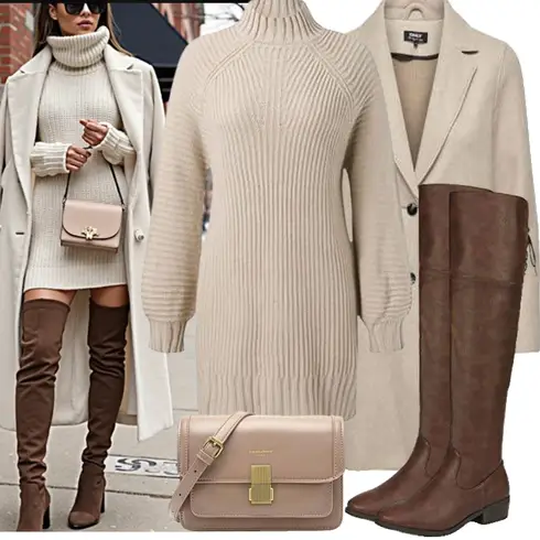 Dunkelbraun/Braun/Beige WeitschaftStiefel/Kniehoher Stiefel/Overknee Stiefel/Langer Stiefel/Leder Overknee Stiefel/ReitStiefel/Flache Overknee Stiefel DREAM PAIRS kombinieren mit Beige/Khaki/Braun Cord Kleid/Langes Strickkleid/Pulloverkleid/Langärmliges Winterkleid/Winter Strickkleid Youning