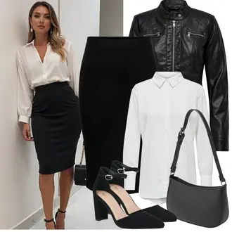 Sommer Outfits Casual, Edel mit Schwarz Short Große Größe/Kleid Große Größe/Strick Große/Wadenlanger Rock/Strickrock/Midirock/Bleistiftrock Only, Schwarz/Rosa/Dunkelblau/Braun Sandalen Mit Blockabsatz/Bequemer Pump/Hochfrontpump/Mary Jane Schuh/Slingpump/Spangenschuh/T-steg Pump About You "Frühling outfit"Look: Uni, Elegant, Classic, 60er, Burlesque, Business, Edel, Büro, Old Money, Overdressed, Schick, Coole, Französische
