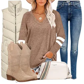 Cowgirl Komfort Outfit mit Beige/Braun Spitzer Stiefel/Western Stiefelette/CowboyStiefel/Cowboy Stiefel Elara "Freizeit Bekleidung"Look: Stil, Trendige, Empire, Rap, Western, Cowgirl, Country Styl